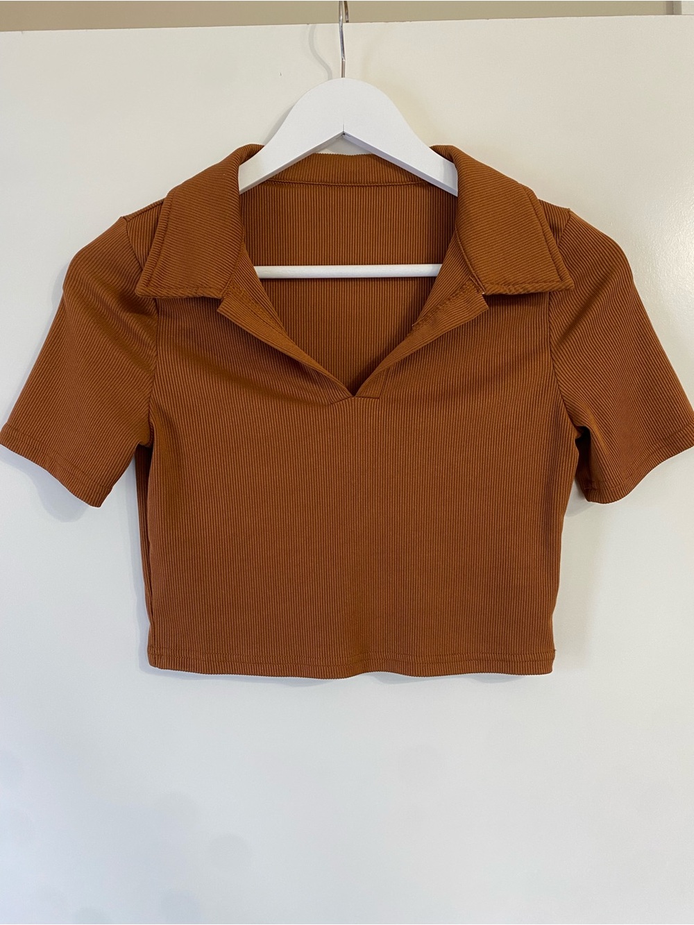 SHEIN Ribbed Crop Polo Top in Rust Brown